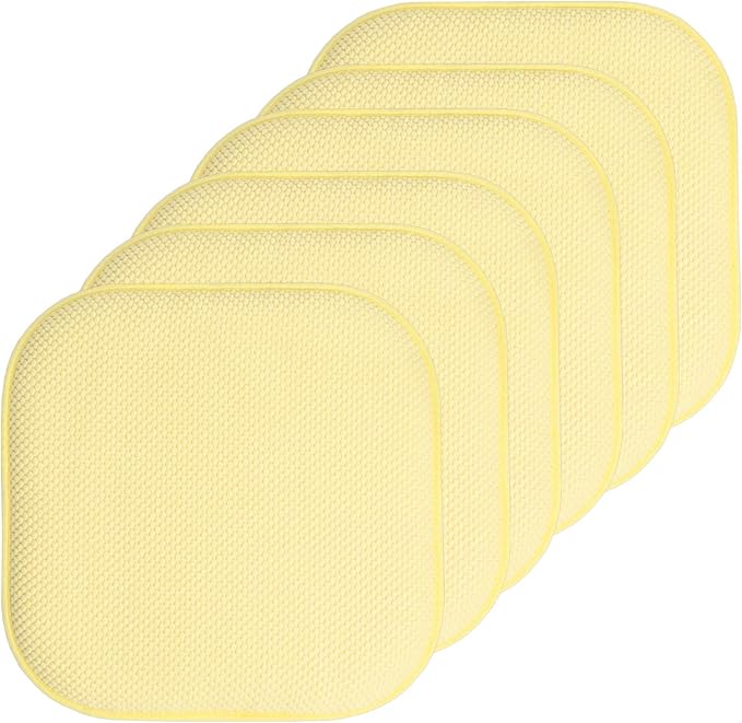 Sweet Home Collection Chair Cushion Memory Foam Pads Honeycomb Pattern Slip Non Skid Rubber Back Rounded Square 16" x 16" Seat Cover, 6 Pack, Yellow