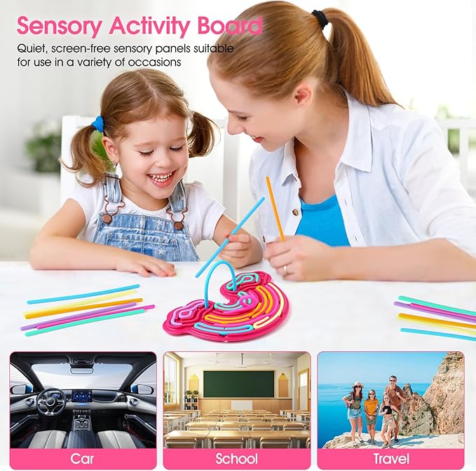 Sensory Activity Board Silicone Fidget Toy, Double-Sided Rainbow Sensory Toys for Autism, Stress, Anxiety, ADHD, Kids 3+& Adults, Includes Travel Bag & 12 Strings, Red