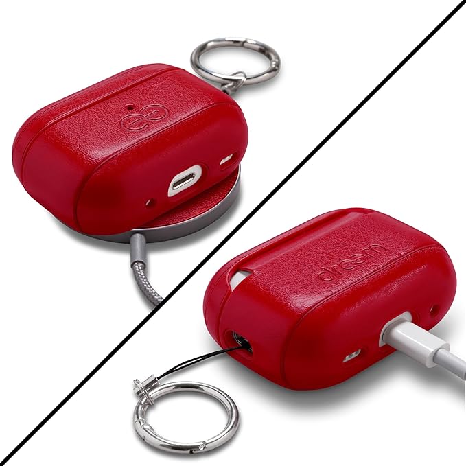 Dreem Om Case Cover with Keychain Clip Compatible with AirPods Pro 2/Pro, Protective One-Piece Hard Shell, Luxury Vegan Leather AirPod Pro Case 2nd/1st Generation with Separate Clip [Red]