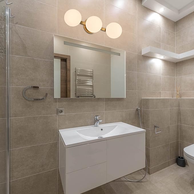 Bathroom Vanity Light Fixtures, Modern 3 Lights Globe Wall Sconce Lighting Aged Brass, Porch Wall Mount Light Fixture for Bathroom, Mirror Cabinets Hallway Stairs