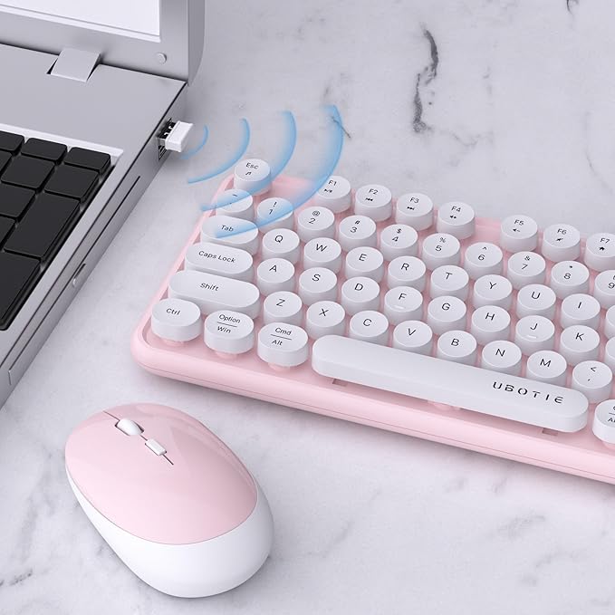 UBOTIE Colorful Computer Wireless Keyboard Mouse Combos, Typewriter Flexible Keys Office Full-Sized Keyboard, 2.4GHz Dropout-Free Connection and Optical Mouse (Pink-White)