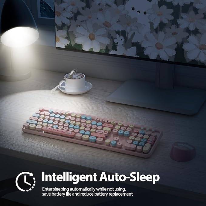 Fogruaden Pink Wireless Retro Typewriter Keyboard, 2.4GHz Full Size Cute Keyboard with Number Pad, Pink Colorful with Retro Round Keycaps for Windows PC Laptop