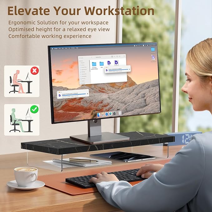 Monitor Stand Riser, Wood & Acrylic Computer Monitor Stand Desk Desktop Organizer Table for Home, Office Workspace, Laptop Riser, Printer, PC & TV Screen Riser