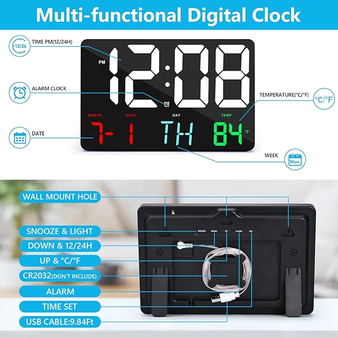 Amgico Digital Alarm Clock with Snooze, Temperature, Auto Dimming, 11.5" Large Display Calendar, Desk/Wall Clock for Bedroom, Living Room, Office, Home, Classroom, Kids, Elderly - Colorful