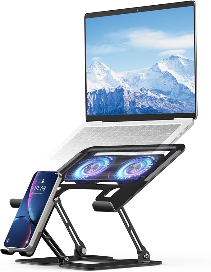 Laptop Stand with Fan,Laptop Cooling Stand with 2 Detachable Quiet Fans & Phone Holder, Adjustable Height & Angle,Laptop Cooling Pad for 10-18" Laptops, MacBook Pro,Gaming Laptops, Tablets