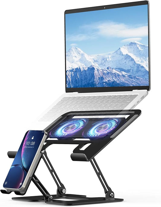 Laptop Stand with Fan,Laptop Cooling Stand with 2 Detachable Quiet Fans & Phone Holder, Adjustable Height & Angle,Laptop Cooling Pad for 10-18" Laptops, MacBook Pro,Gaming Laptops, Tablets