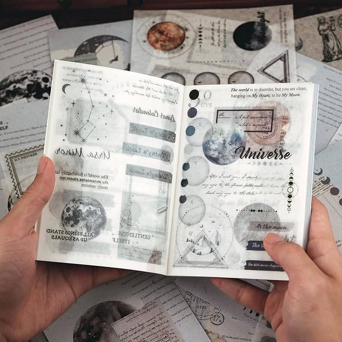 Dizdkizd Celestial Themed Washi Stickers for Journaling, Vintage Ephemera Sticker Book with 180pcs Planet Stickers and 20 Astronomy Scrapbook Papers for Junk Journals Paper Crafting