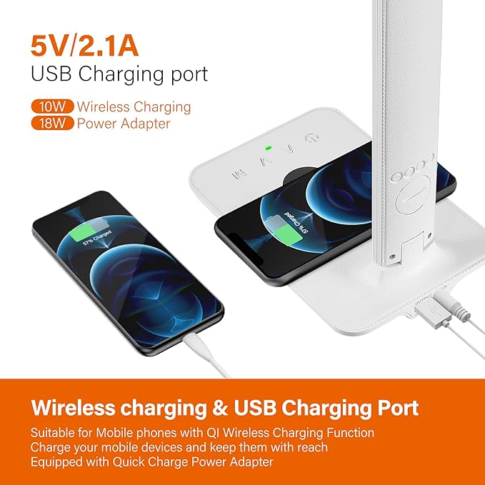 poukaran LED Desk Lamp with Wireless Charger, USB Charging Port, Office Table Lamp with Clock, Alarm, Date, Temperature for Home Office, White