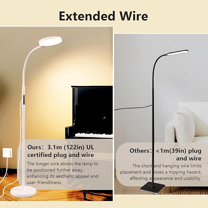 Light Therapy Lamp, 3 in 1 Therapy Floor Lighting, 11000 Lux Full Spectrum Therapy Lamps, UV-Free LED Sunlight, 10 Brightness/5 Color/Gooseneck/Height Adjustable Timer Control, White