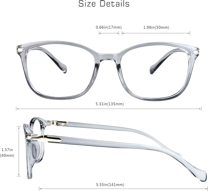 VisionGlobal Blue Light Blocking Glasses for Women/Men, Anti Eyestrain, Computer Reading, TV Glasses, Stylish Square Frame, Anti Glare(Clear Gray,+3.50 Magnification)