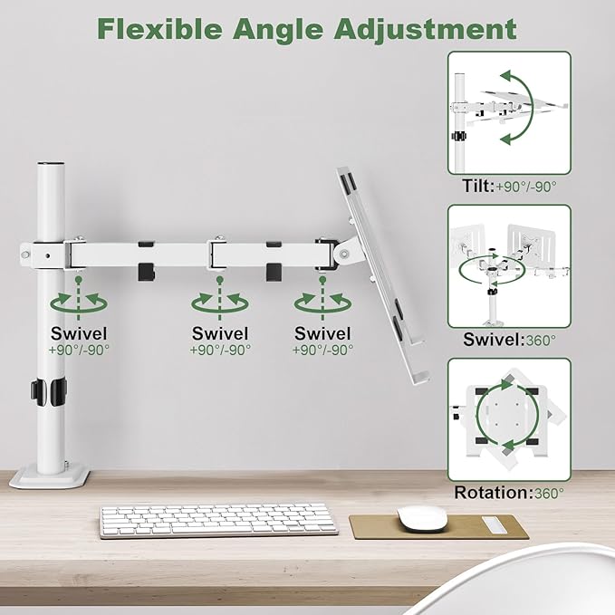 White Laptop Desk Mount with Vented Tray for Notebook up to 17 inch, Fully Adjustable Single Laptop Arm Stand Holds up to 17.6 lbs, Clamp on/Grommet Mounting