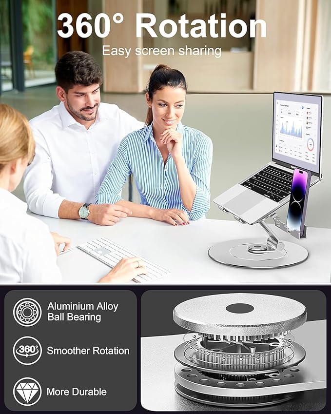 Laptop Stand with Phone Holder, Adjustable Laptop Stand with 360 Rotating Base, Aluminum Computer Mount Holder, Ergonomics Laptop Riser for Desk, Fits MacBook, up to 17.3" All Notebooks Silver
