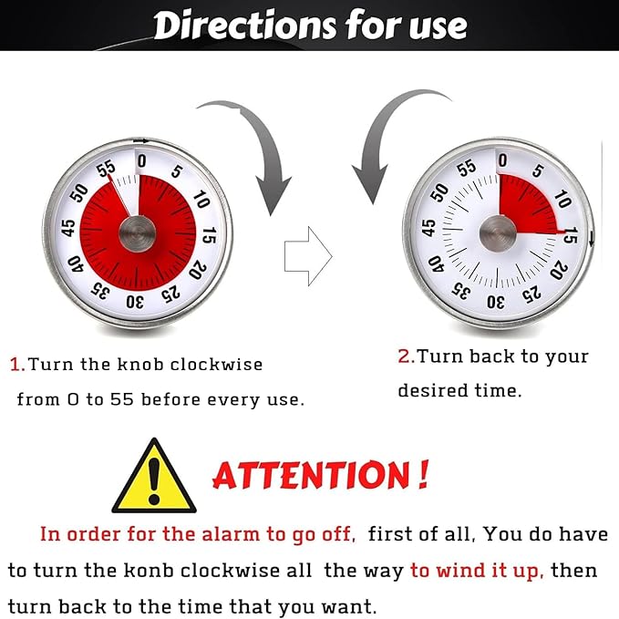 Visual Kitchen Timer for Cooking and Kids with Loud Alarm, Classroom Timers for Desk, No Batteries Required, Mechanical Desk Timer, Magnetic Egg Timer for Study, Chef Clock, Stainless Steel, Countdown