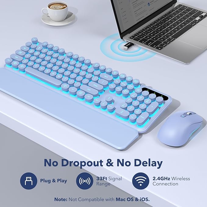Wireless Keyboard and Mouse Combo, Backlit Round Keycaps, Retro Typewriter Keyboard with Detachable Wrist Rest, Rechargeable & Tilt Legs, 2.4GHz Cordless Connection for Mac/Windows/PC (Glowing Purple)