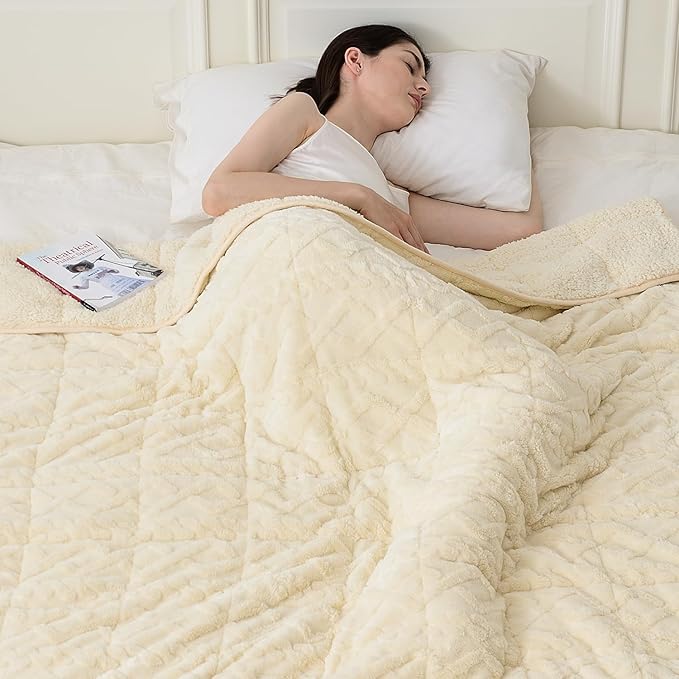 Topblan Weighted Blanket Twin Size 15 Pounds, Soft Weighted Blanket with Doubled-Sized Shaggy Sherpa, Jacquard Knitted Stylish Warm Weighted Blankets Throw for Better Sleep, Beige, 48 x 72 inches