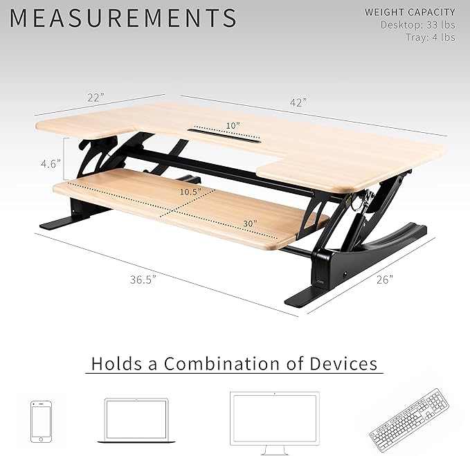 VIVO 42 inch Height Adjustable Stand Up Desk Converter, V Series, Quick Sit to Stand Tabletop Dual Monitor Riser Workstation, Light Wood Top, Black Frame, DESK-V000VLO