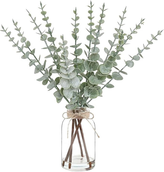 Artificial Eucalyptus Stems in Glass Vase with Faux Water,Artificial Plants Eucalyptus Leaves for Shelf Desk Bathroom Farmhouse Room Coffee Table Home Decor, Central Decoration.