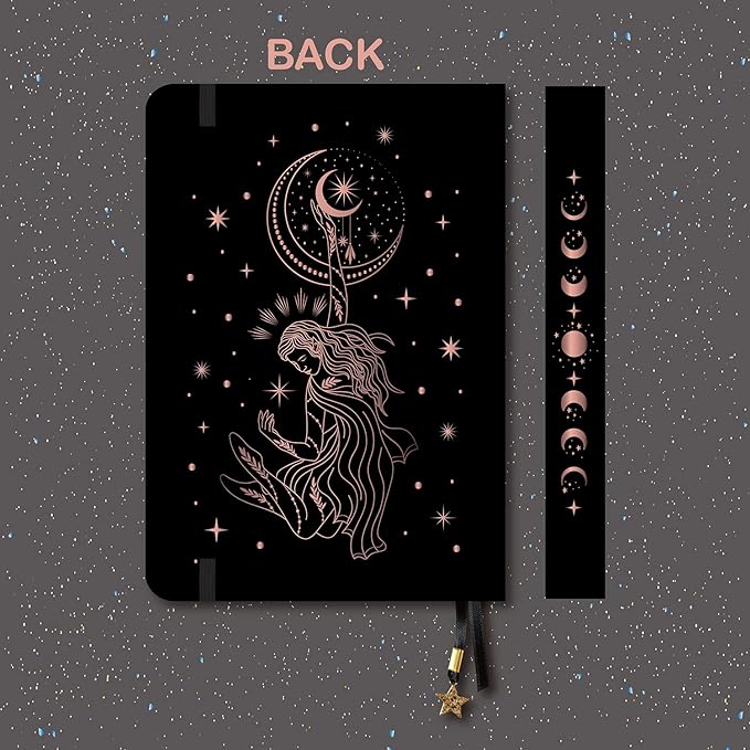 BUKE Medium A5 Hardcover Notebook Dotted Journal - 180Gsm Thick Bamboo Paper - 160 Dot Grid Pages 5x5 MM - Black Color Faux PU Leather Cover - Rose Gold Edge And Moons (A5, Black)