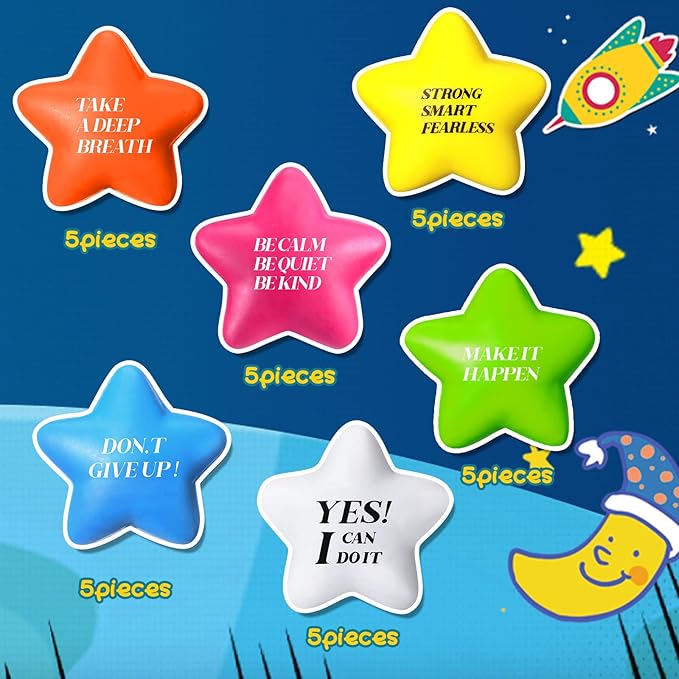 Chalyna 30 Pieces Motivational Star Stress Ball Quote Relief , 2.2 Inch PU Foam Stress Toys Bulk Sensory Star Toy Gifts for Kids Teens Adults Relieve Anxiety Party Supplies(Bright Colors)