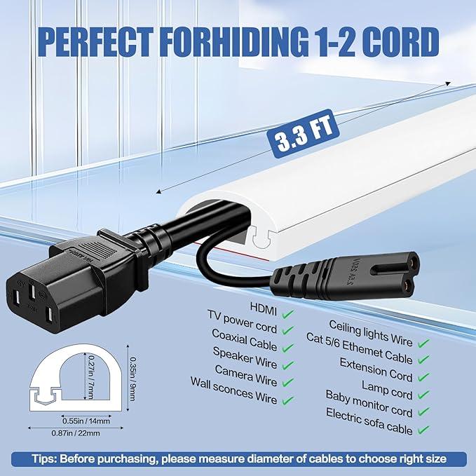 Floor Cable Cover, Low Profile Cable Hider for Wires, Self Adhesive Cord Hider for Wall, Cord Covers Wall Mounted Tv, for Offices, Gym, Exhibitions(White, 3.3 Feet)