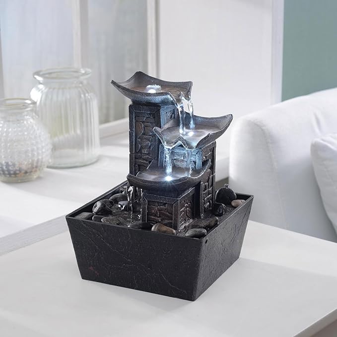 Tabletop Fountain Indoor Waterfall – 3-Tier Black Zen Decor with Pebble Base, White LED Light, Water Pump & On/Off Switch – Desktop Feng Shui Relaxation Gift for Home or Office (21110B)