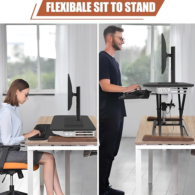 Electric Standing Desk Converter with Keyboard Tray, 26x16 Inch, Height Adjustable Sit to Stand Desk Riser with Unique Side Cover and Wooden Feet, Small Motorized Monitor Riser for Office & Home
