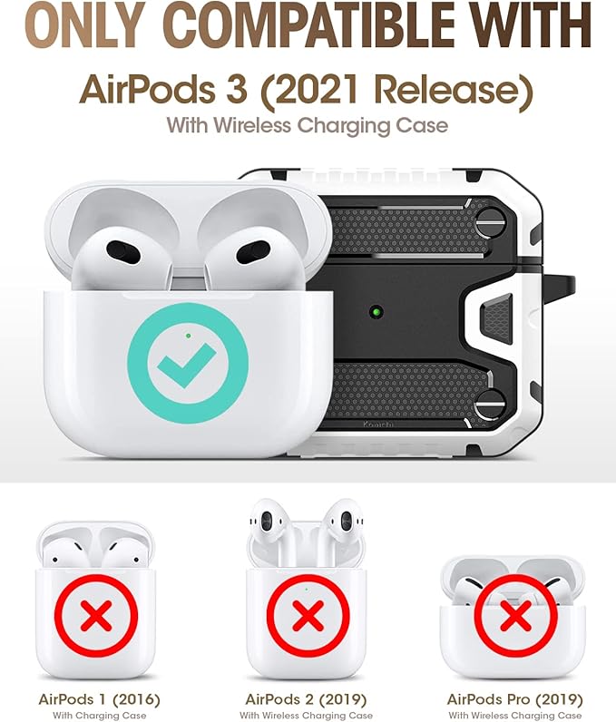 Koaichi Compatible with AirPods 3rd Generation Case(2021), Full-Body Rugged Hard Shell Protective Case Cover with Keychain Designed for AirPods 3 Case, Black/White [US Patent Registered]