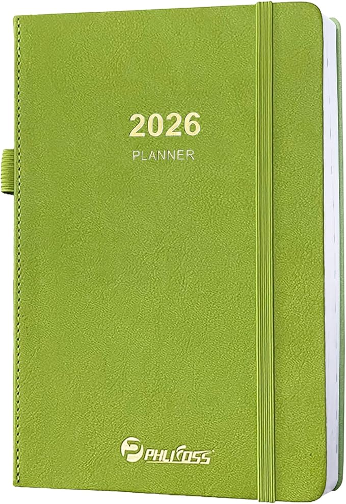 2026 Daily Planner/Calendar, One Page Per Day, Daily Monthly Agenda Planner with Time Slots and Monthly Tabs, Jan - Dec 2026, 5.7" x 8.25" Appointment Book, Pen Holder, Leather Cover (2026-Chartreuse)