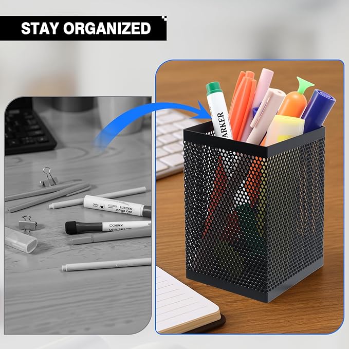 Comix Mesh Pen Holder Desk, Wire Pencil Holder with Foam Pad and Non-Slip Bottom Office Supplies Desk Organizer for Home Office School, 1 Pack