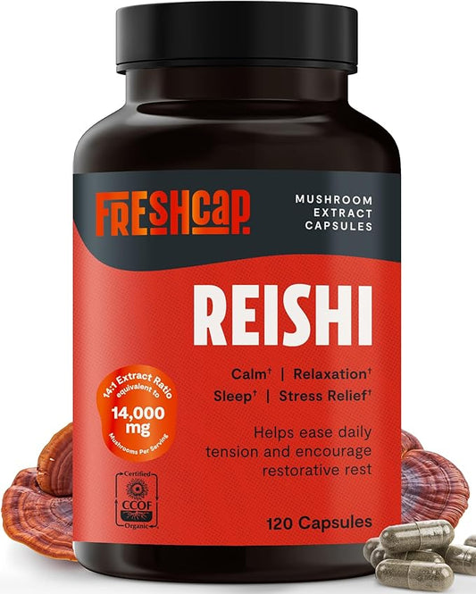 FreshCap Mushrooms Reishi Mushroom Supplement 14,000mg - Reishi Mushroom Capsules Extract, Supplements Herbal Supplements, Ayurveda Nootropic Red Reishi Supplement (120 Capsules)
