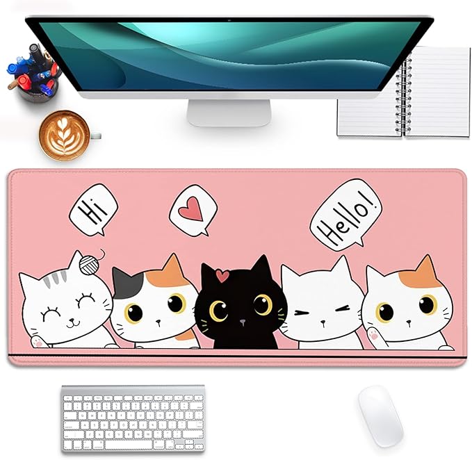 Cute Cats Desk Pad Mouse Pad,Cute Cartoon Lofi Cats Pink Mouse Mat Large,Stitched Edges Non-Slip Waterproof Rubber Base Mouse Mat for Office Home Work Gaming（27.5 x 11.8 in）