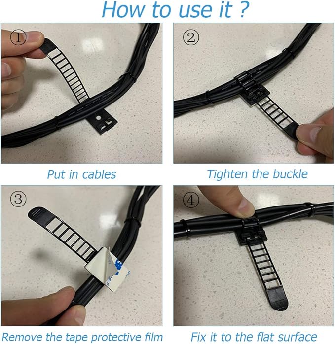 50pcs 2 Sizes Adjustable Adhesive Cable Ties Cable Clips Wire Strap Cord Clamp for Cable Management at Home and Office + 100pcs Nylon Zip Ties
