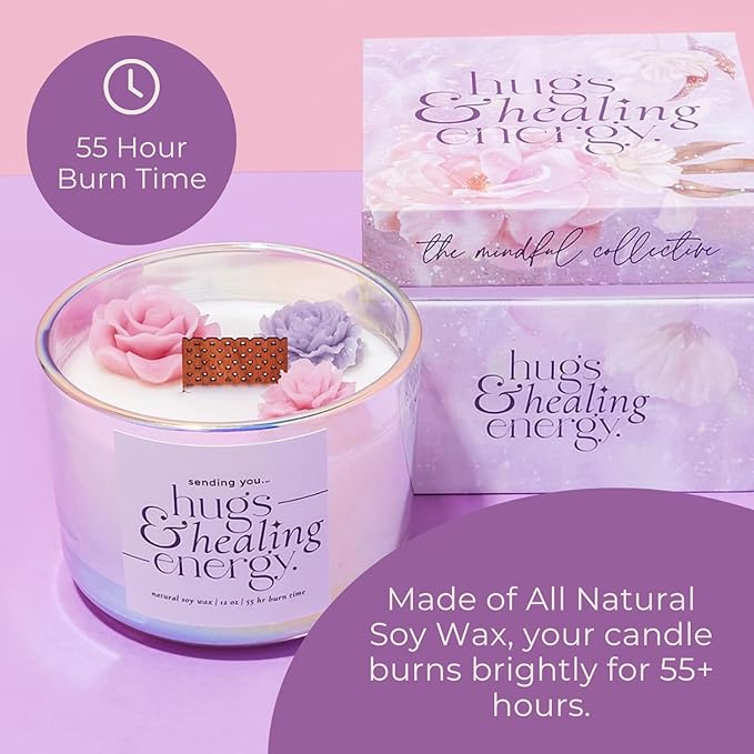 Hugs and Healing Energy Sympathy Candle. 12oz Wooden Wick Candle with Natural Soy Wax. Memorial, Grief Gift for Loss of Loved One, Get Well Soon Gift with Iridescent Glass Jar & Floral Design