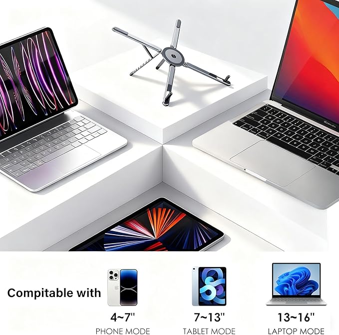 Laptop Stand for Desk, Ergonomic Portable Laptop Stand, Powerful Magnetic Adjustable & Multi-Rotatable Laptop Riser Compatible with (4.7" or Larger) Phone/Tablets/PC (Grey)