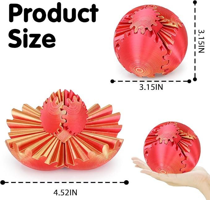 Gear Ball 3D Printed Spin Ball or Cube Fidget Toy,Gear Sphere Fidget Toy,Fidget Ball Gear Toy for Stress and Anxiety Relief, Stress Ball GearSphere Desk Toy for Adults & Kids(Golden Red, 3.1 Inch)