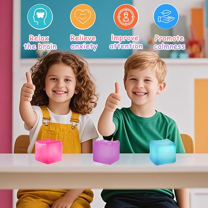 3Pcs Stress Cube Squishy Toys, Slow Rising Ice Cube Stress Balls, Sensory Fidget Toys for Anxiety Relief, Sensory Ice Nee Cube Gel Filled Squishy Ball Toys for ADD/ADHD Kids Adults(Blue, Purple, Pink)