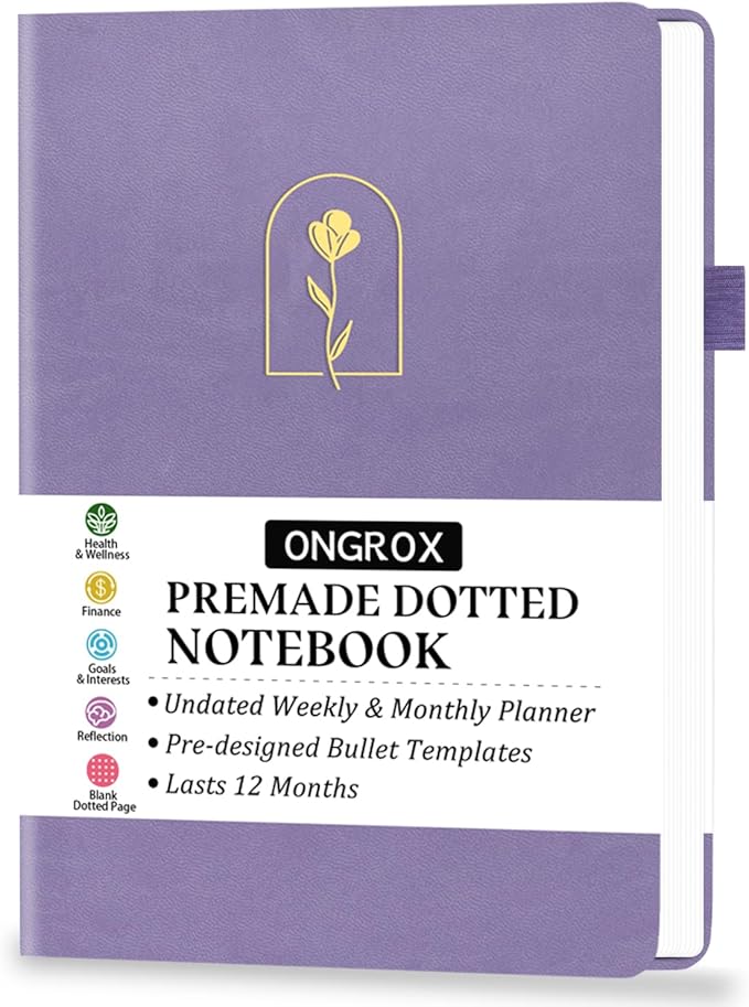 Premade Bullet Style Notebook with Undated Weekly & Monthly Planner, Dotted Journal with Pre-made Bullet Planner Stencils, Dot Grid Journaling with Habits & Mood Tracker, 12 Month Organization, A5