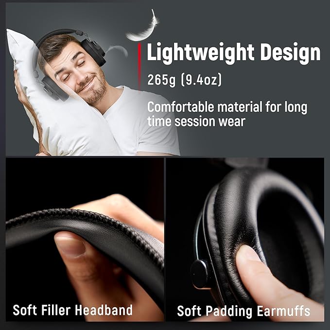 FIFINE Studio Monitor Headphones for Recording-Over Ear Wired Headphones for Podcast Monitoring, Streaming Comfortable Equipment with Detachable Cables 3.5mm or 6.35mm Jack, Black, on PC/Mixer-H8