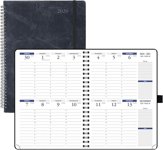 POPRUN 2026 Weekly Planner (A4-8.25'' x 11.75''), Quarter-Hourly Appointment Book (Jan. 2026 to Dec. 2026) with Monthly Tabs, Spiral Softcover, 2 Inner Pockets, Pen Holder - Black