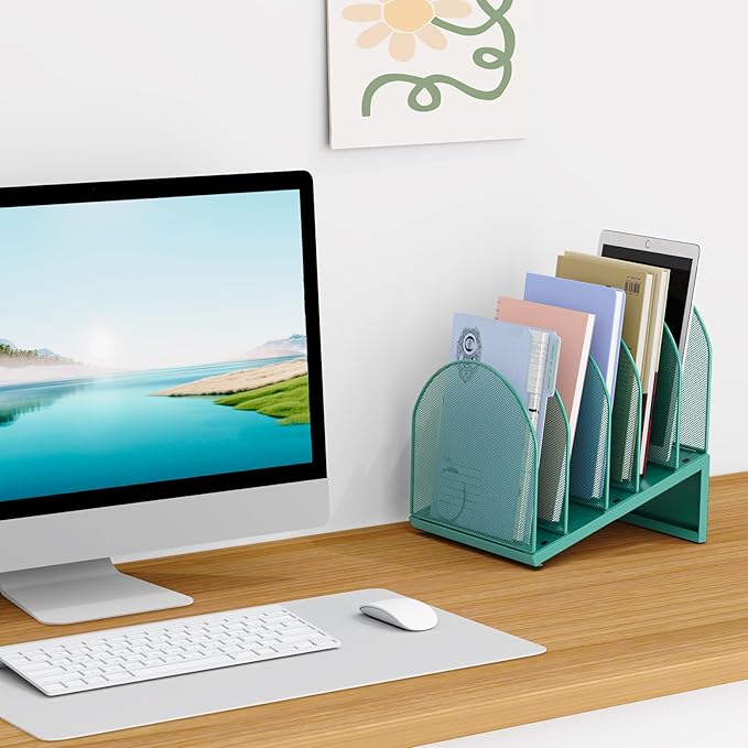 5-Section Desk File Organizer, Metal Mesh Folder Organizer for Documents, Mail & Office Papers (Green)