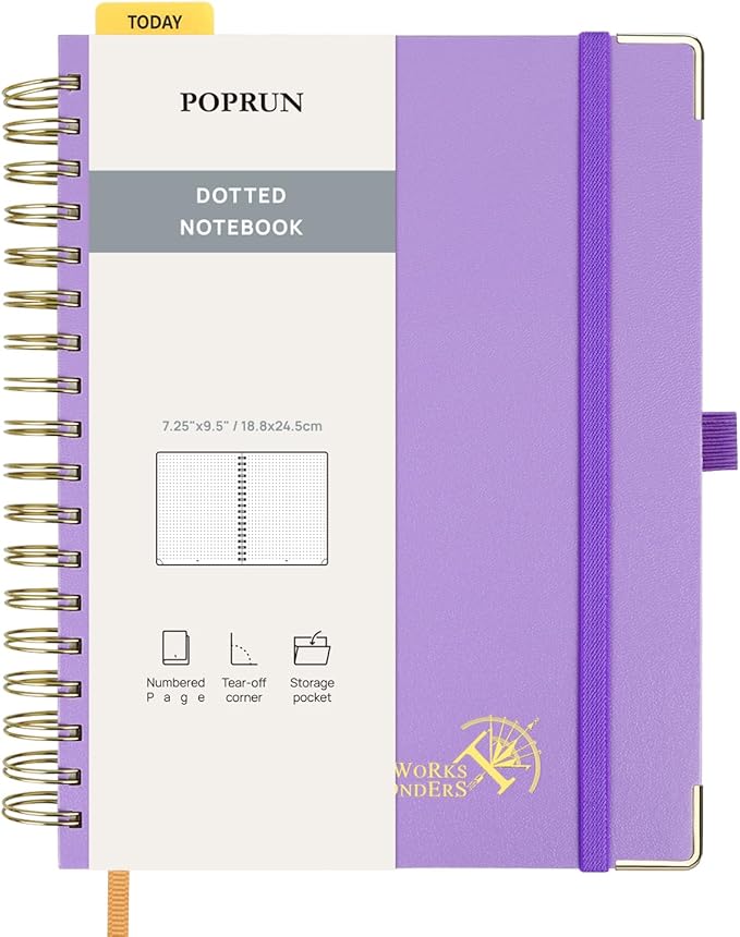 POPRUN Spiral Dotted Journal Notebook, 7-1/4" x 9-1/2" - 120 GSM Thick Paper, 220 Numbered Pages, Hardcover for Men & Women with Pocket, Index Tabs, 8 Perforated Sheets, Violet
