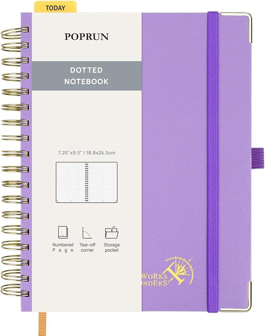 POPRUN Spiral Dotted Journal Notebook, 7-1/4" x 9-1/2" - 120 GSM Thick Paper, 220 Numbered Pages, Hardcover for Men & Women with Pocket, Index Tabs, 8 Perforated Sheets, Violet