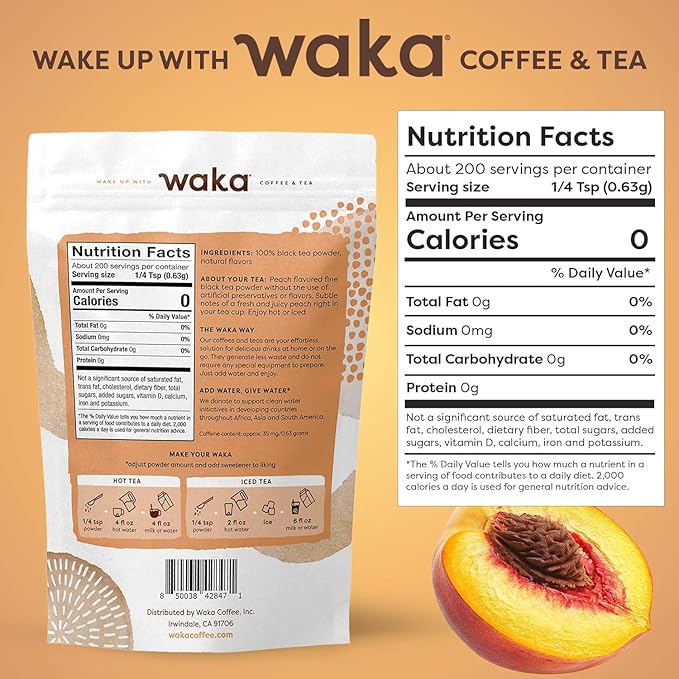 Waka Instant Black Tea Mix, Peach Flavored - 100% Tea Leaves, No Additives, Unsweetened Tea Powder for 50 Quarts or 200 Cups – Easy and Quick Hot or Iced Teas (4.5oz)
