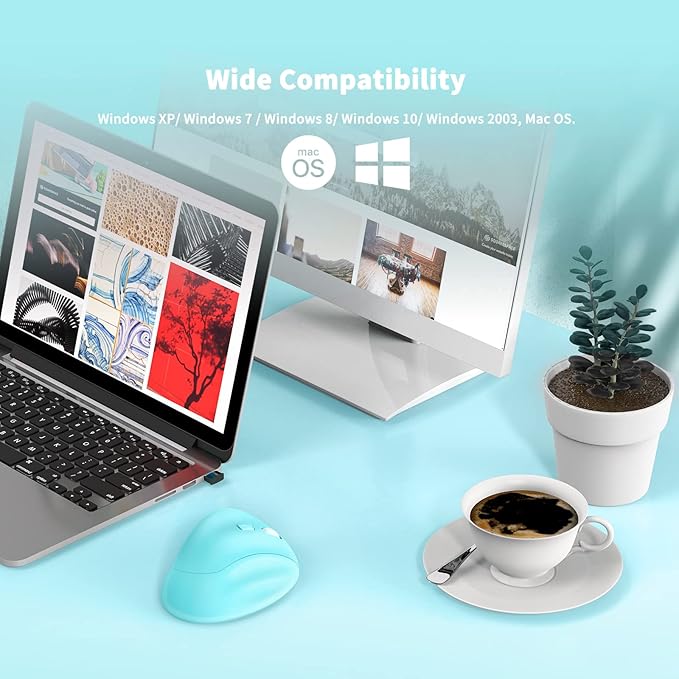 Ergonomic Wireless Mouse with USB Receiver for PC Computer, Laptop and Desktop, Ergo Mouse Vertical with Silent Clicks Long Battery Life, Up to 1600 DPI & 1 AA Battery Powered, Blue