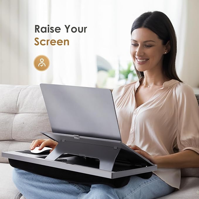 LORYERGO Adjustable Laptop Desk with Cushion, Mouse Pad & Cellphone Slot - Laptop Stand for Bed & Couch, Riser for Home & Office (Grey)