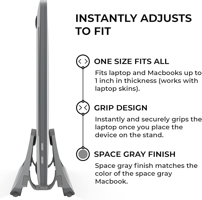 HumanCentric Vertical Laptop Stand for Desks in Space Grey, Upright Adjustable Holder to Dock Apple MacBook, MacBook Pro, and Other Laptops to Organize Work & Home Office, Automatic Grip