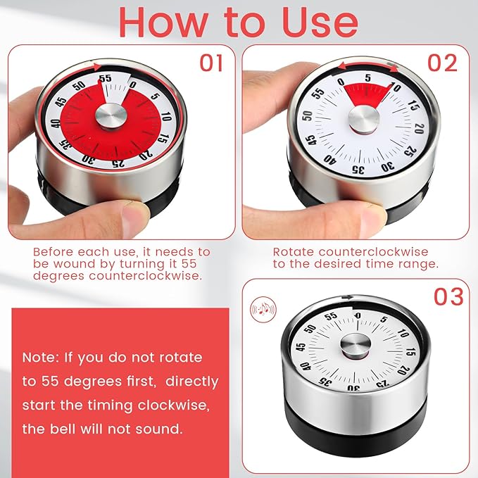6 Pcs 60 Minute Magnetic Visual Timer 2.36 Inches Small Kitchen Countdown Timer Stainless Steel Mechanical Timing Tool for Classroom Teaching Whiteboard Meeting Working Cooking(White)