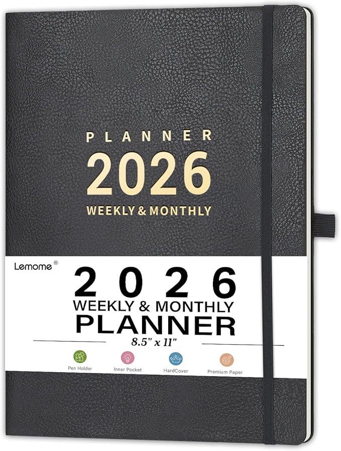 2026 Planner - 2026 Planner Weekly and Monthly, January 2026 - December 2026, 8.5" x 11", Pen Holder, Calendar Stickers, Pocket, 25 Notes Pages, Faux Leather Cover, A4 Premium Paper - Gray