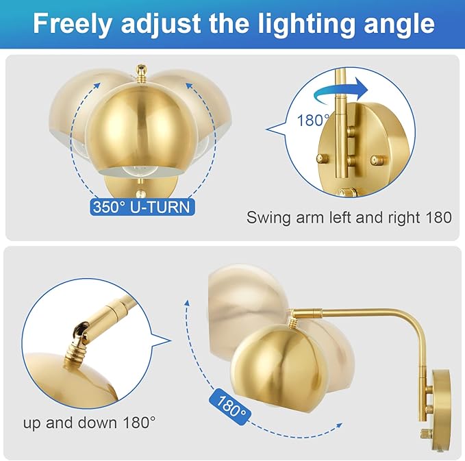 Plug in Dimmable Wall Sconce Swing Arm Wall Lights with Plug in Cord and Dimmer On/Off Knob Switch, Brushed Brass Globe Wall Light for Bedside Bedroom Bathroom(1 Bulb Included)