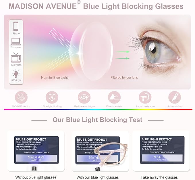 Madison Avenue TR90 Blue Light Blocking Glasses Anti Eyestrain UV Glare Blue Light Glasses for Women TV Phone Computer Gaming Eyeglasses (Nude Pink)
